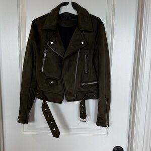 Zara Olive Green Suede Moto Jacket with Belt
